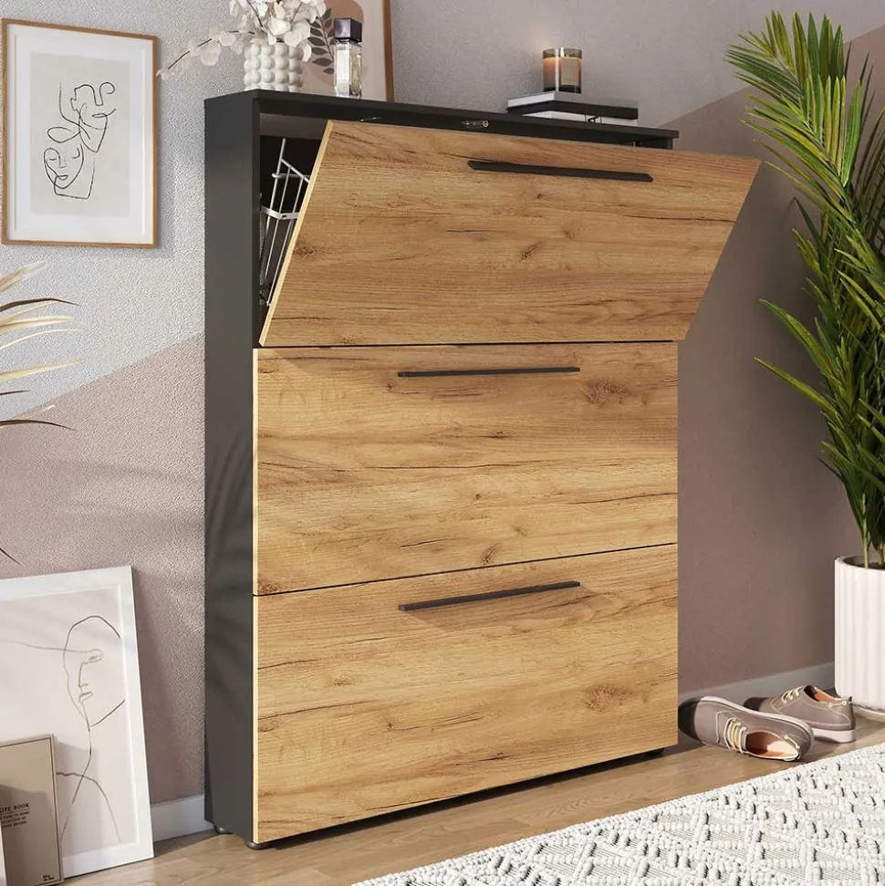 100x129x19 3 Klappen Schuhschrank in Wildeiche NB - Catrizia