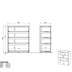 83x102x42 4 Schubladen Kommode mit Glas Front - Ruudy