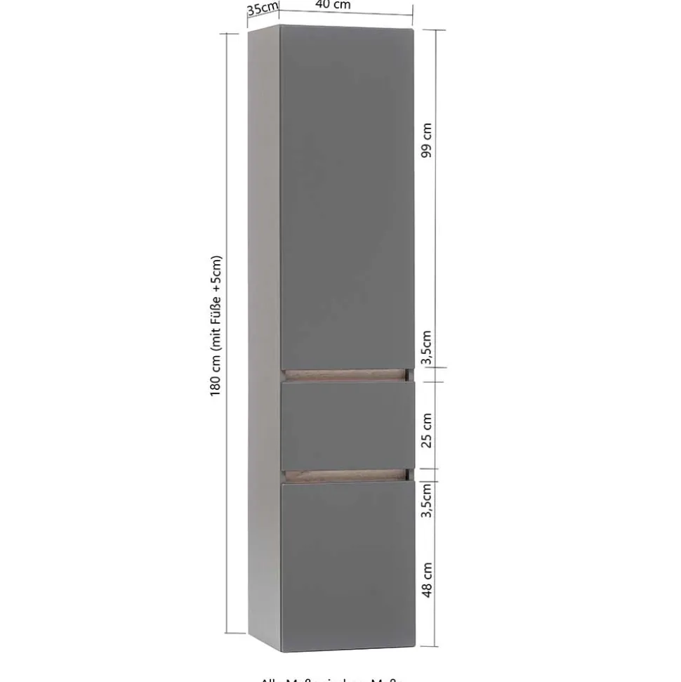 40x185x35 Bad Hochschrank in Grau mit Wildeiche - Agiruan