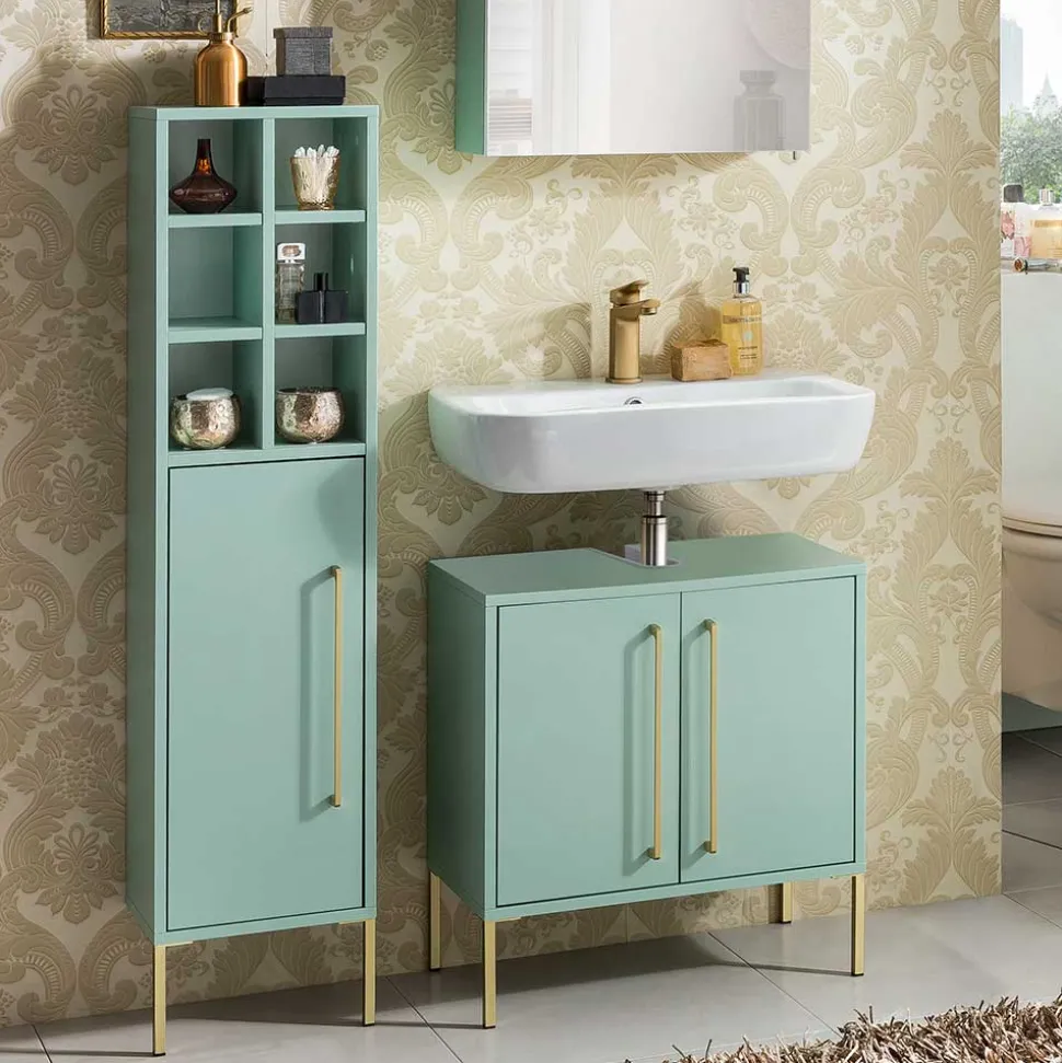 31x131x22 Badschrank in Mintgrün & Gold - Aparcian