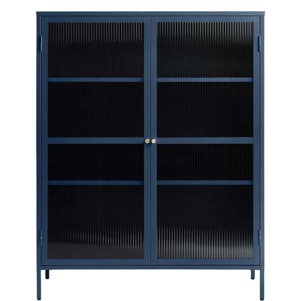 110x140x40 Blaues Stahl Highboard mit Glastüren - Atos
