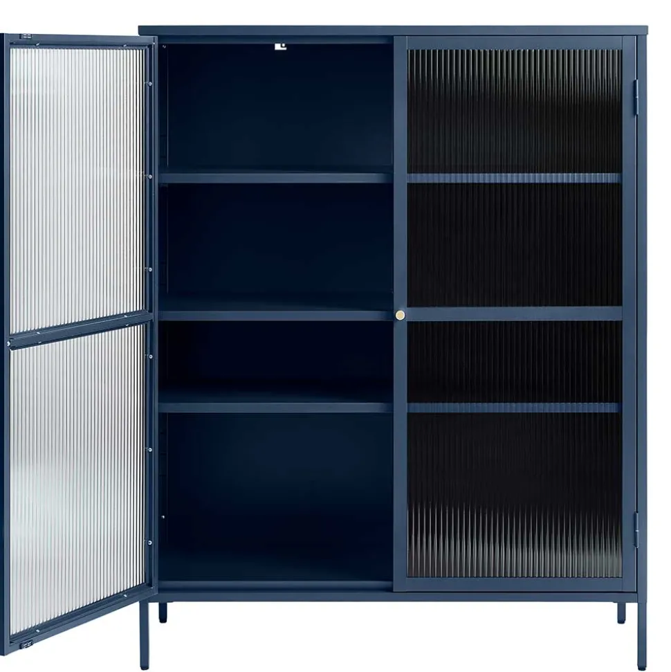 110x140x40 Blaues Stahl Highboard mit Glastüren - Atos