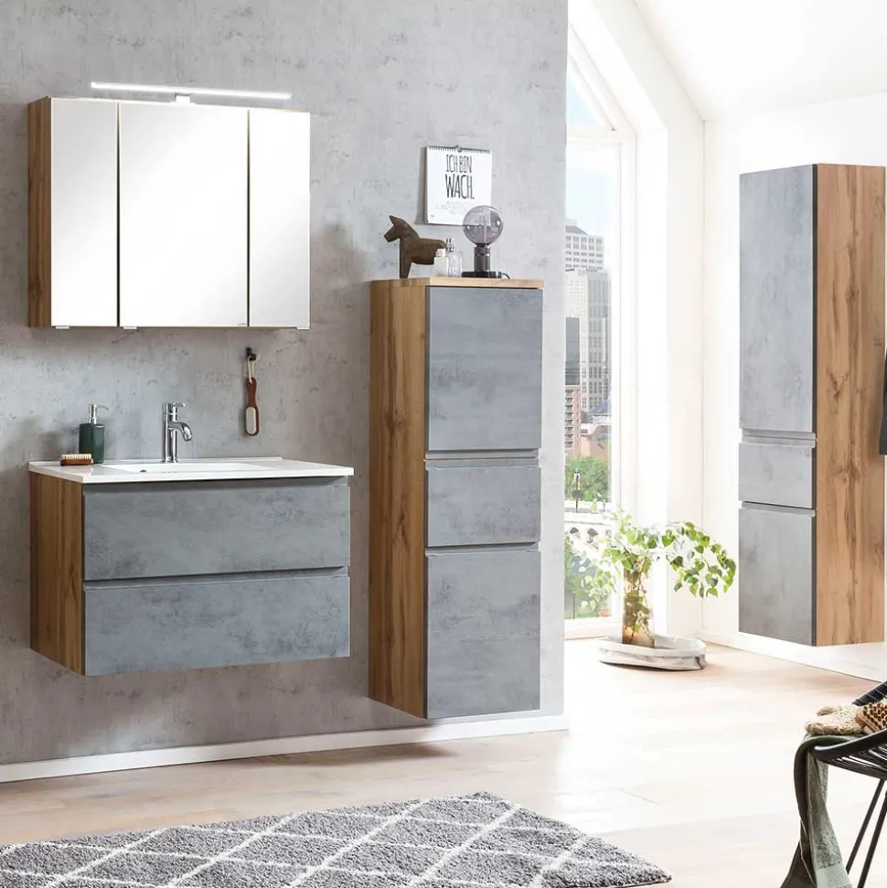 130x40x35 cm Midi Badschrank in Beton & Wildeiche - Mia