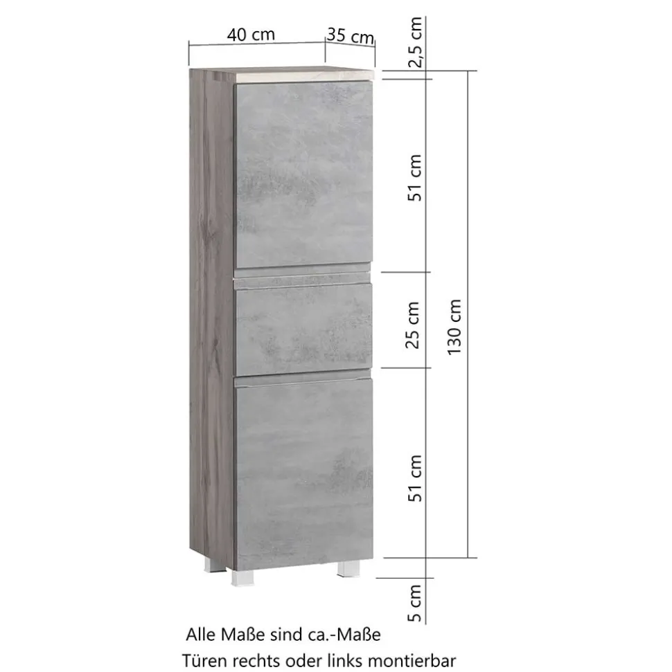 130x40x35 cm Midi Badschrank in Beton & Wildeiche - Mia
