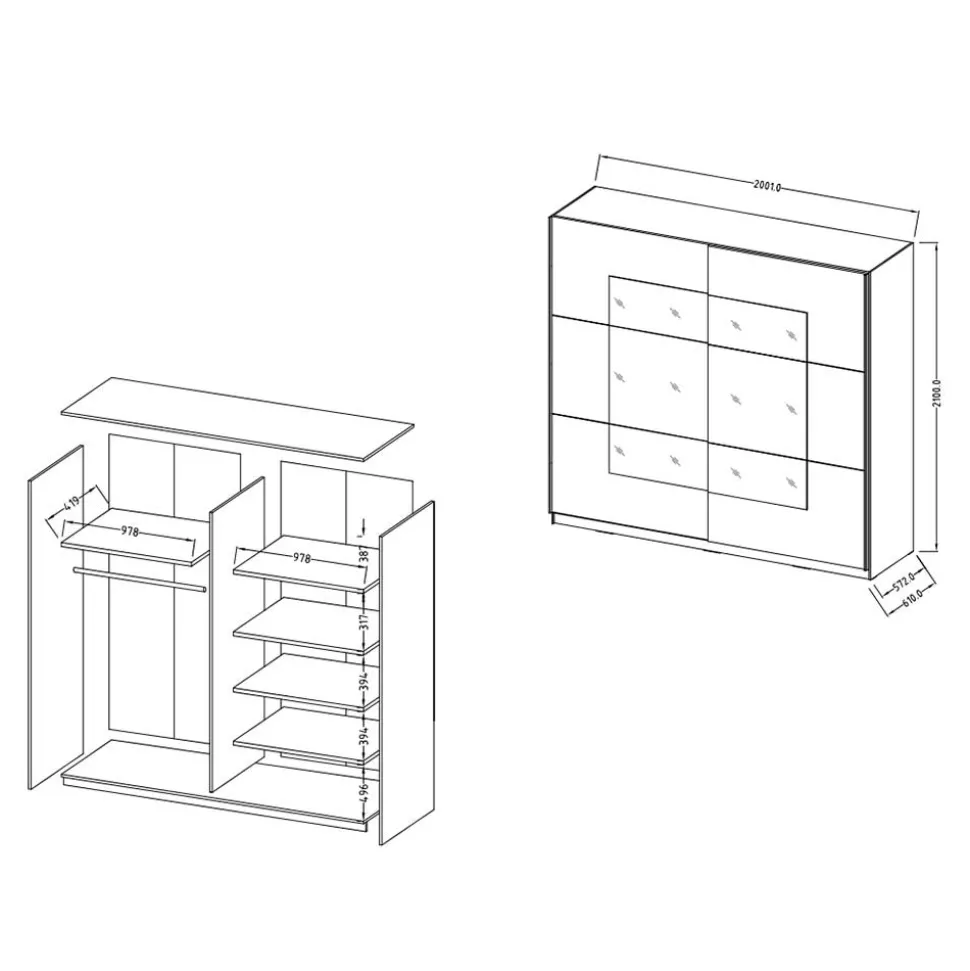 200x210x61 cm Schwarzer Kleiderschrank mit Schiebetüren - Dinamaro