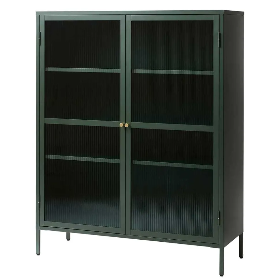 110x140x40 Dunkelgrüne Highboard Vitrine aus Stahl - Estellos