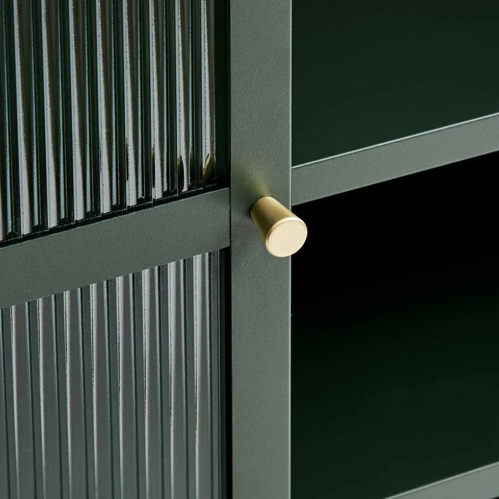 110x140x40 Dunkelgrüne Highboard Vitrine aus Stahl - Estellos