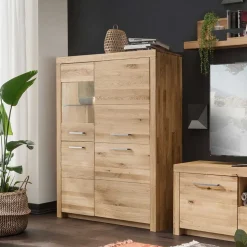 102x141x40 Highboard aus Wildeiche mit Glaseinsatz - Loitons