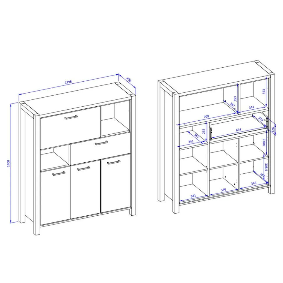120x140x41 Highboard mit Klappe & 3 Türen - Zavorra