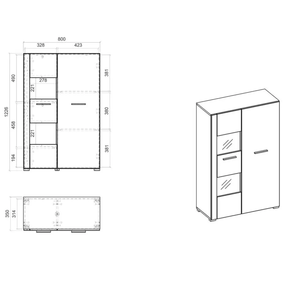 80x123x35 Hochglanz Vitrinenschrank in Weiß - Timmona