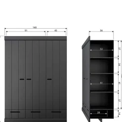 140x195x53 Kleiderschrank 3-türig & 3 Schubladen - Vindrus