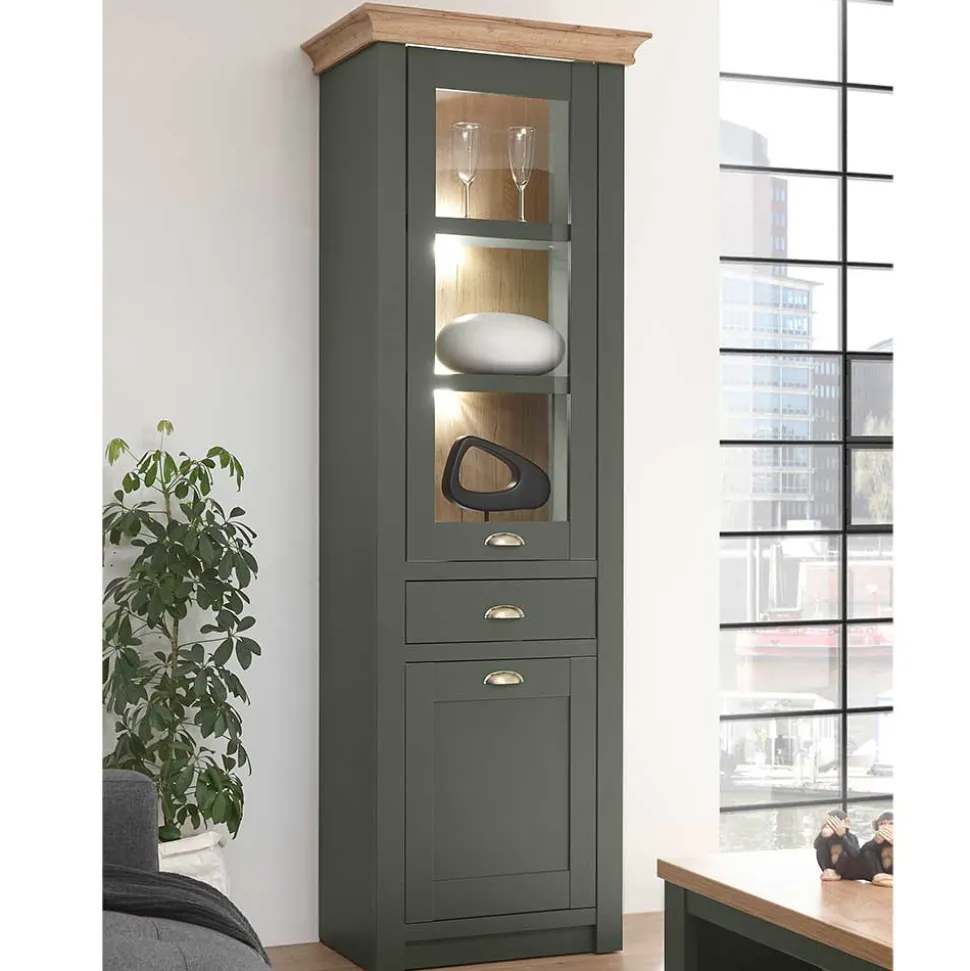 68x207x45 Landhaus Vitrine in Graugrün - Eylan