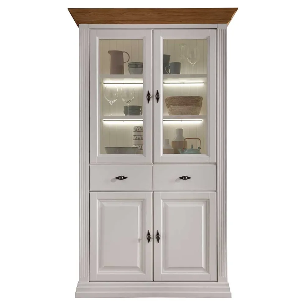 116x199x45 Landhaus Vitrinenschrank in Weiß - Henry