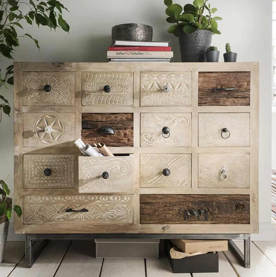 110x91x37 Recyclingholz Kommode mit 14 Schubladen - Emirello