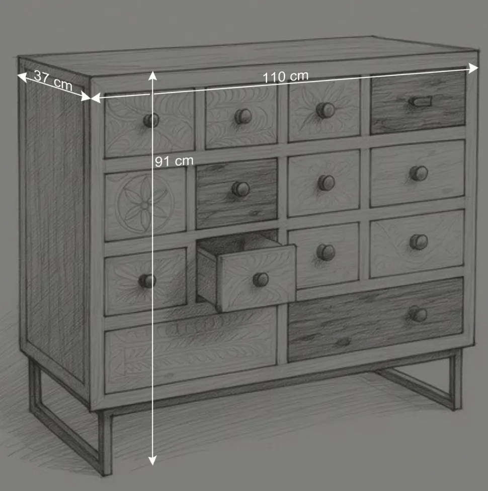 110x91x37 Recyclingholz Kommode mit 14 Schubladen - Emirello