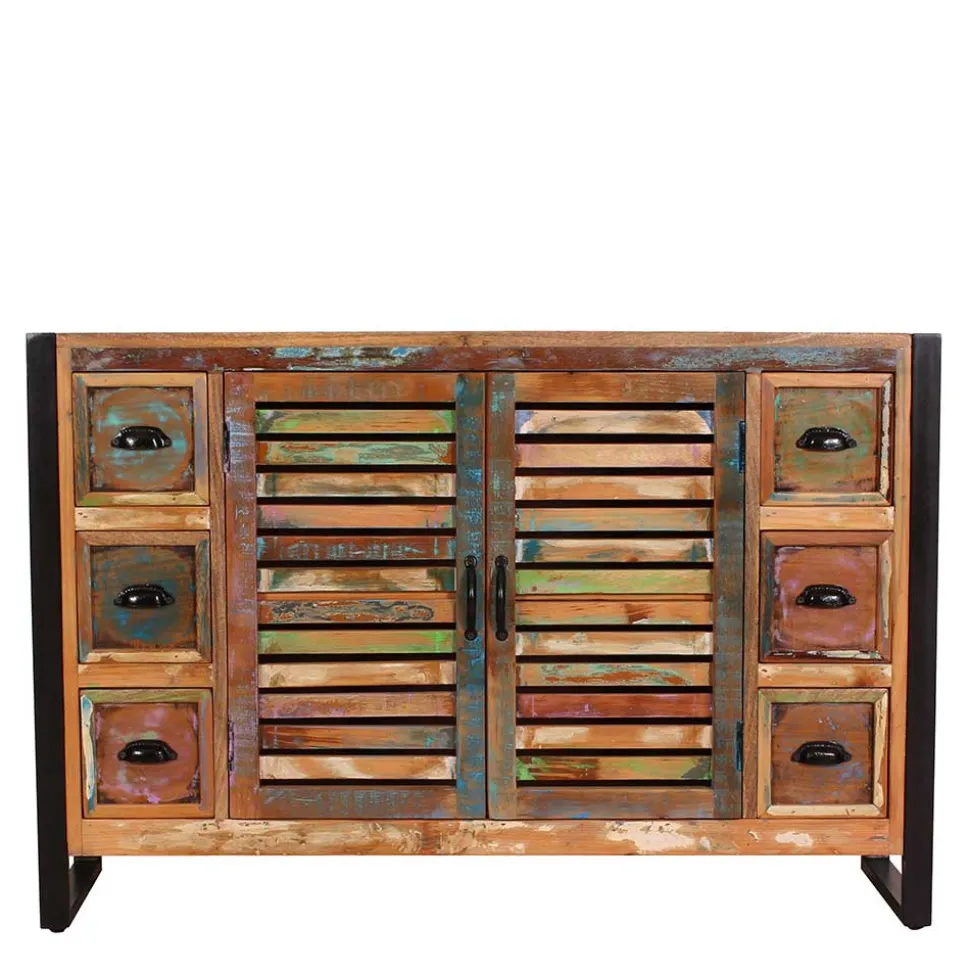 120x80x35 Shabby Chic Kommode aus buntem Altholz - Vosbadus