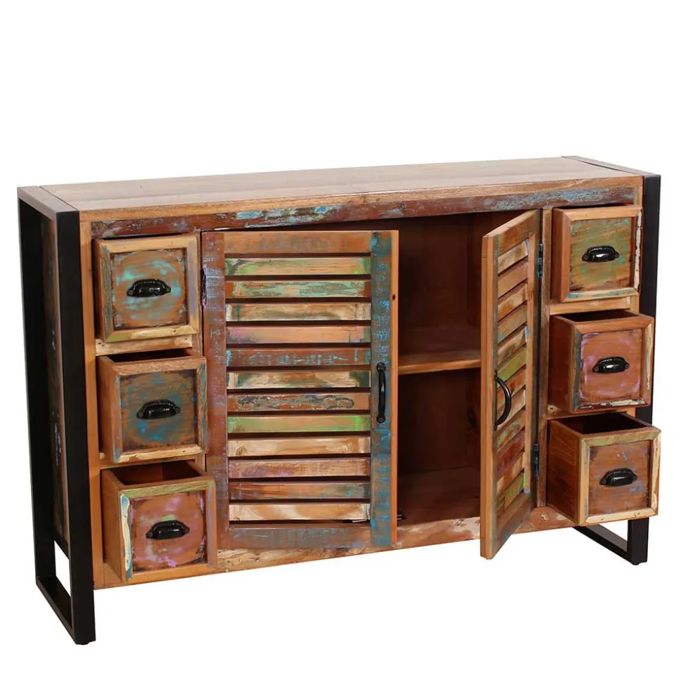 120x80x35 Shabby Chic Kommode aus buntem Altholz - Vosbadus