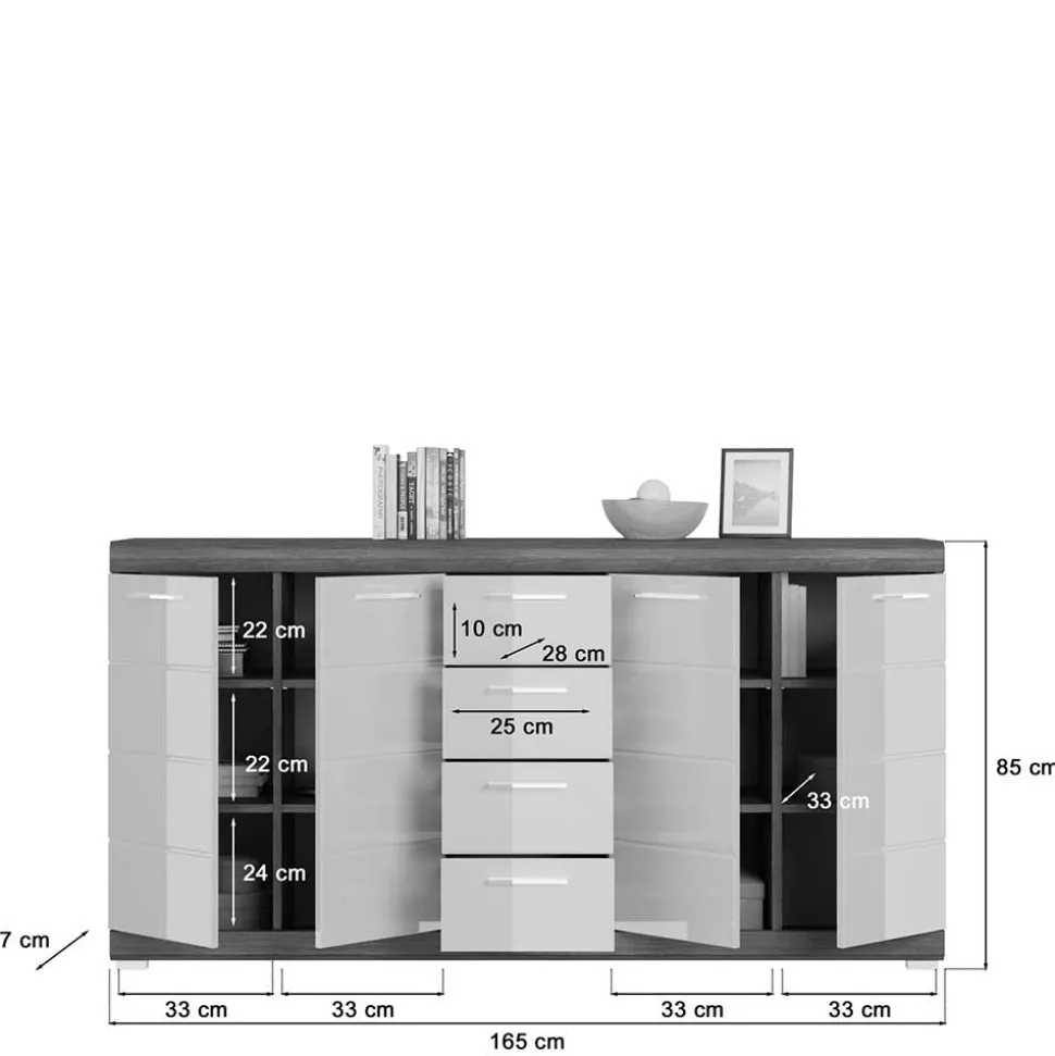 165x85x37 Sideboard in Weiß HG & Grau - Nancys