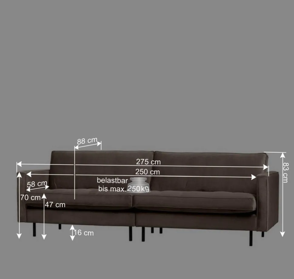 275x83x88 Sofa mit blauem Bezug aus Samt - Cumagon