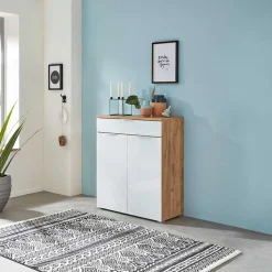 89x105x40 Vertiko in Weiß Glas & Eiche - Reestyl