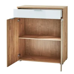 89x105x40 Vertiko in Weiß Glas & Eiche - Reestyl