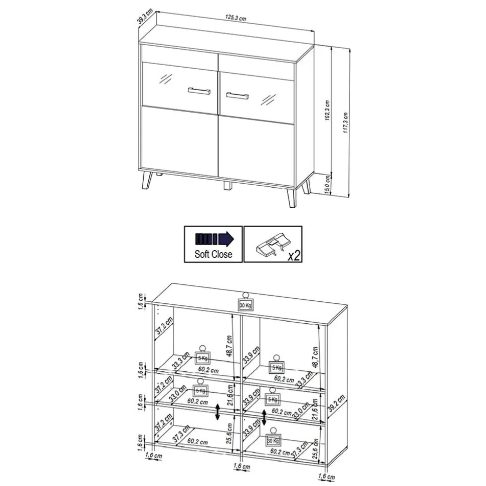 126x118x40 Wohnzimmerschrank mit Glaseinsatz - Paniera
