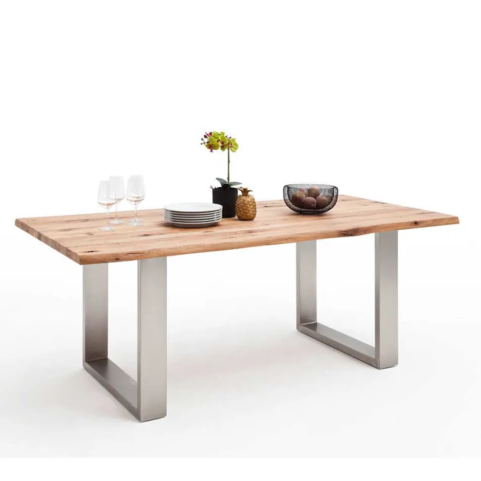 Zerreiche Esstisch mit Baumkante Jelsica & Edelstahl Bügelgestell