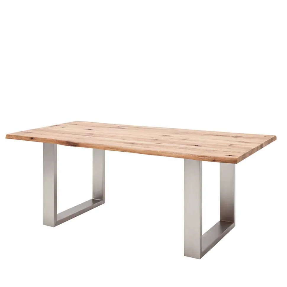 Zerreiche Esstisch mit Baumkante Jelsica & Edelstahl Bügelgestell