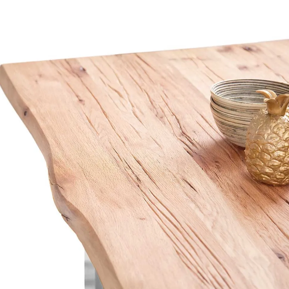 Zerreiche Esstisch mit Baumkante Jelsica & Edelstahl Bügelgestell