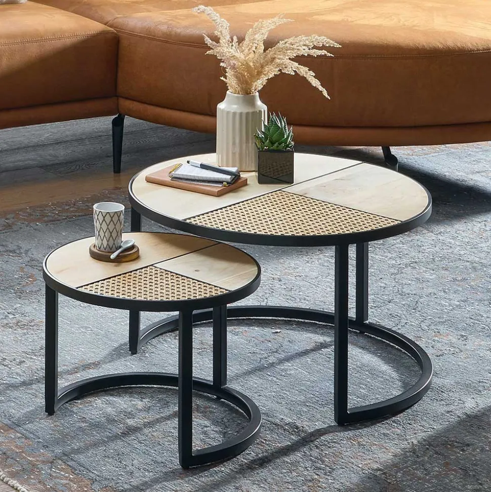 Zweisatz Sofatisch aus Holz & Rattan - Acapella (zweiteilig)